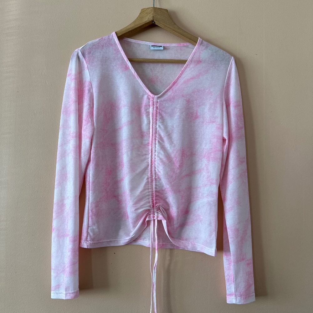 Noisy May Ruched Mesh Long Sleeve Top In Pink Tie Dye Size Large
